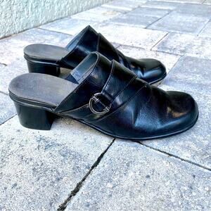 Aerosoles Peplum Vegan Faux Leather Black Block Heel Comfort Mule Shoes Size 8M